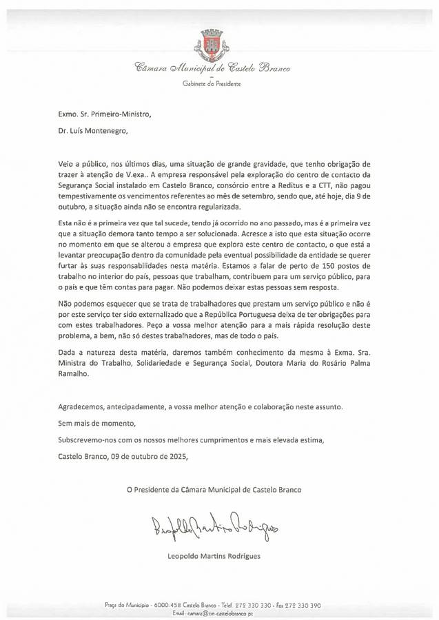 Município de Castelo Branco Denuncia Atrasos Salariais no Centro de Contacto da Segurança Social: Carta Urgente Enviada a Luís Montenegro